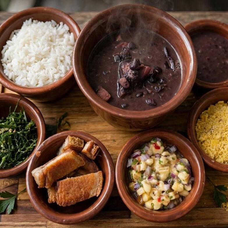Deliciosa feijoada do chefe acompanhada de arroz, farofa, torresmo, couve e vinagrete de banana da terra.