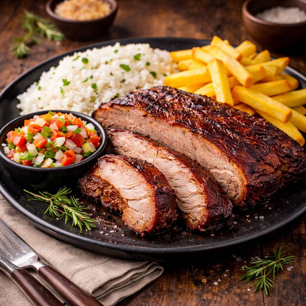 Cupim suculento acompanhado de arroz leve, batatas douradas e vinagrete artesanal, serve aproximadamente 4 pessoas.