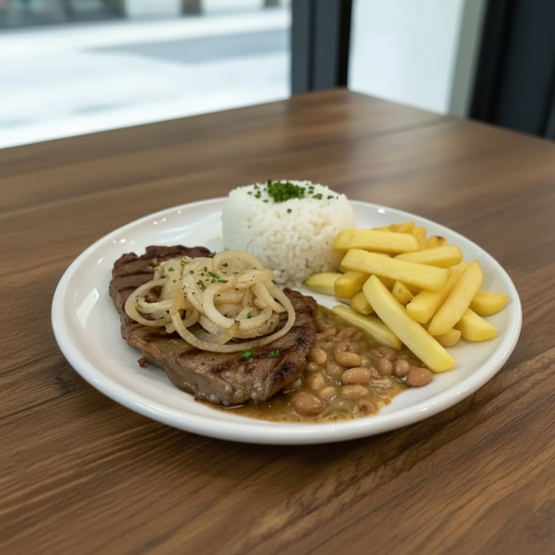 Bife de alcatra suculento com arroz soltinho, feijão caseiro bem temperado e batata frita crocante grátis pra completar!