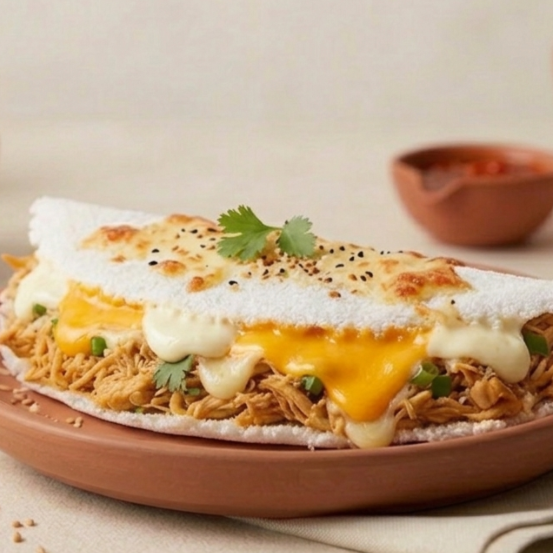 Tapioca GG mista com frango desfiado , calabresa, queijo, catupiry + cheddar