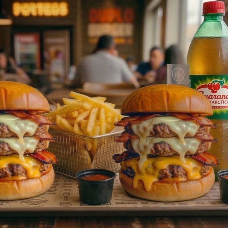 2 Triplo burguer cheddar bacon + 1 batata frita de 500g + 1 refrigerante de 1L (Coca ou guaraná antarctica dependendo da disponibilidade do dia)