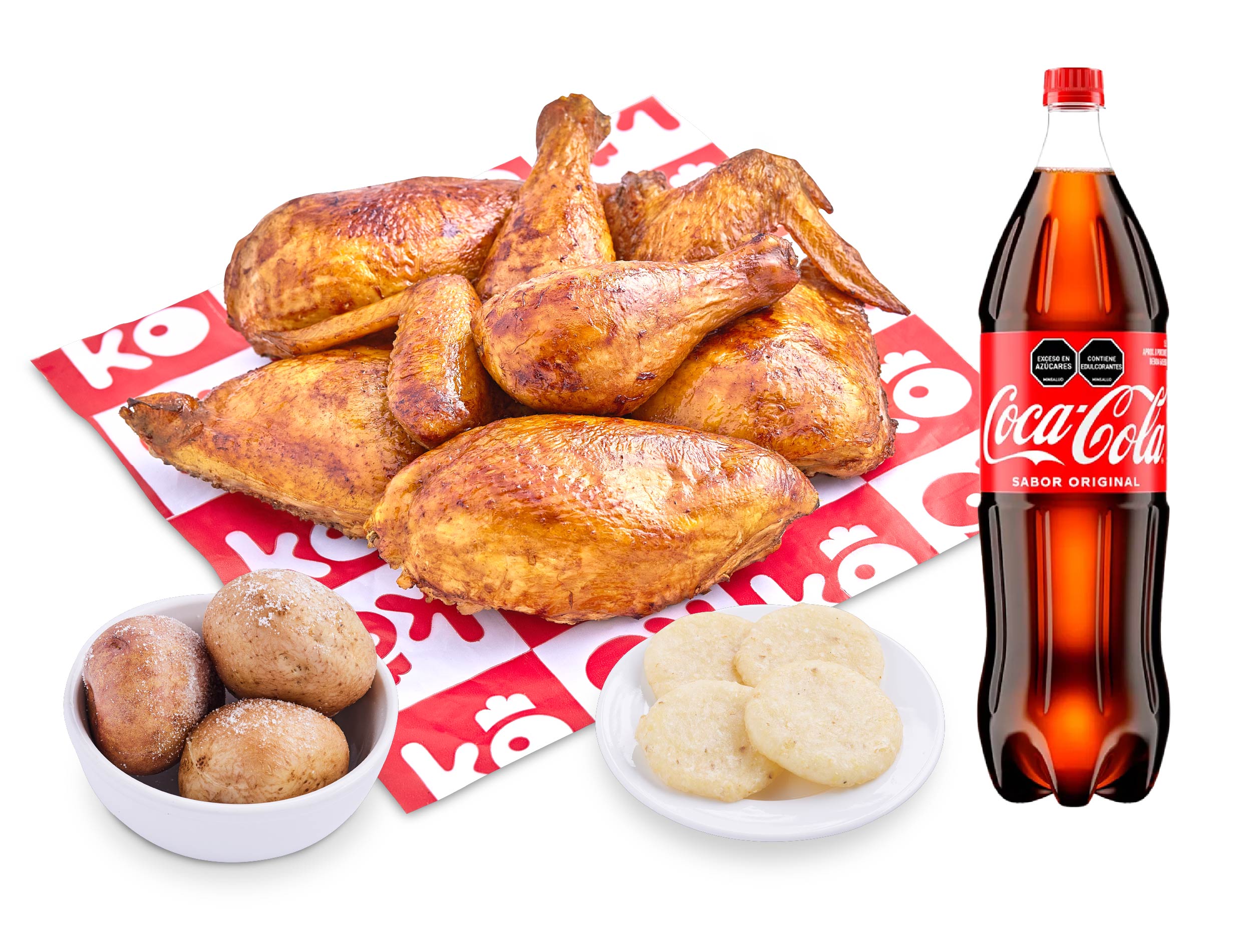 Promo kokoriko asado, papa, arepa y coca