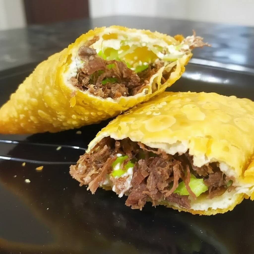 Um delicioso pastel de carne seca, alho poró e cream cheese. São 23cm de delicias.