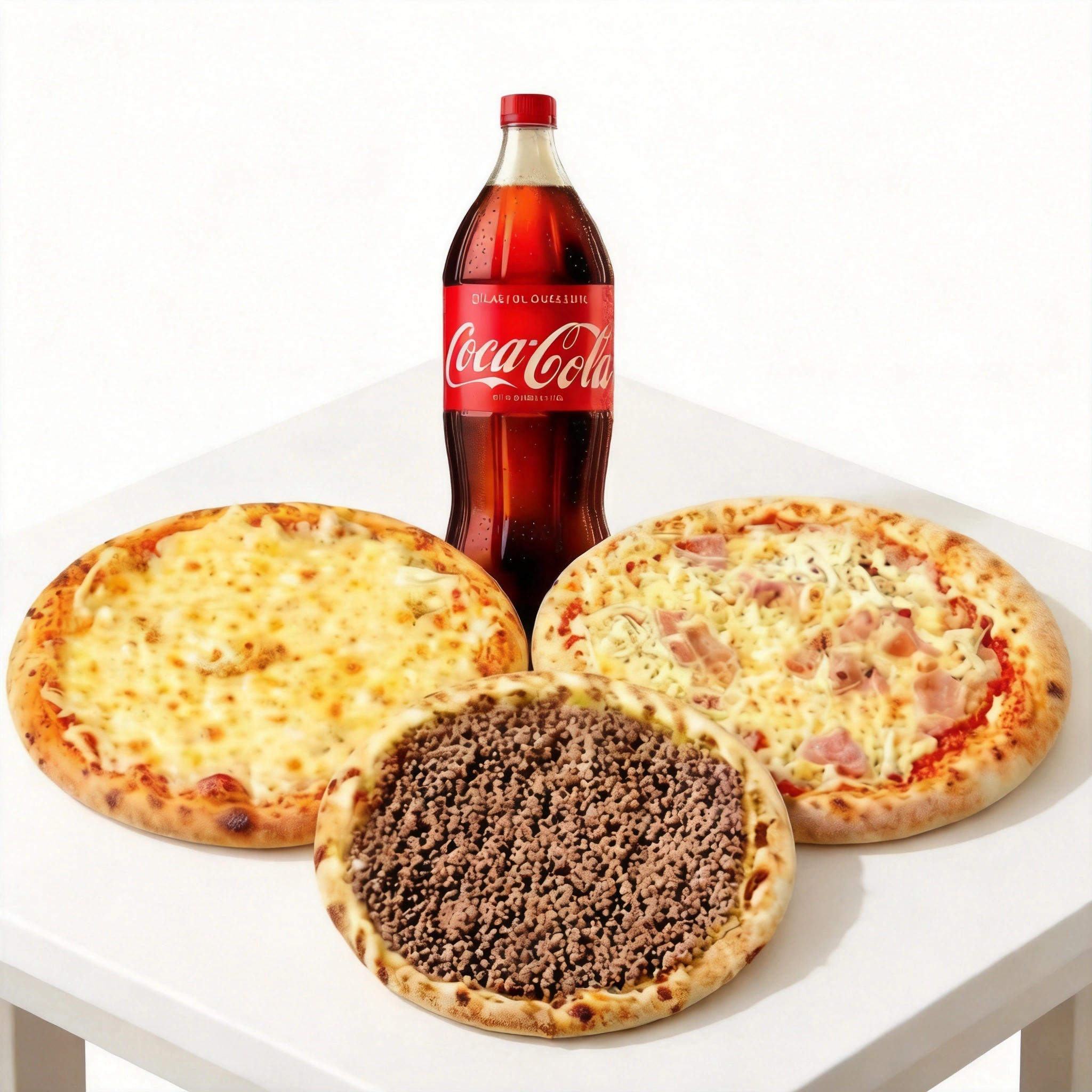 1 Pizza 8 pedaços de Frango c/ Catupiry + 1 Pizza 8 pedaços de Calabresa + 1 Broto Doce de Brigadeiro + 1 Coca-Cola 2 Litros