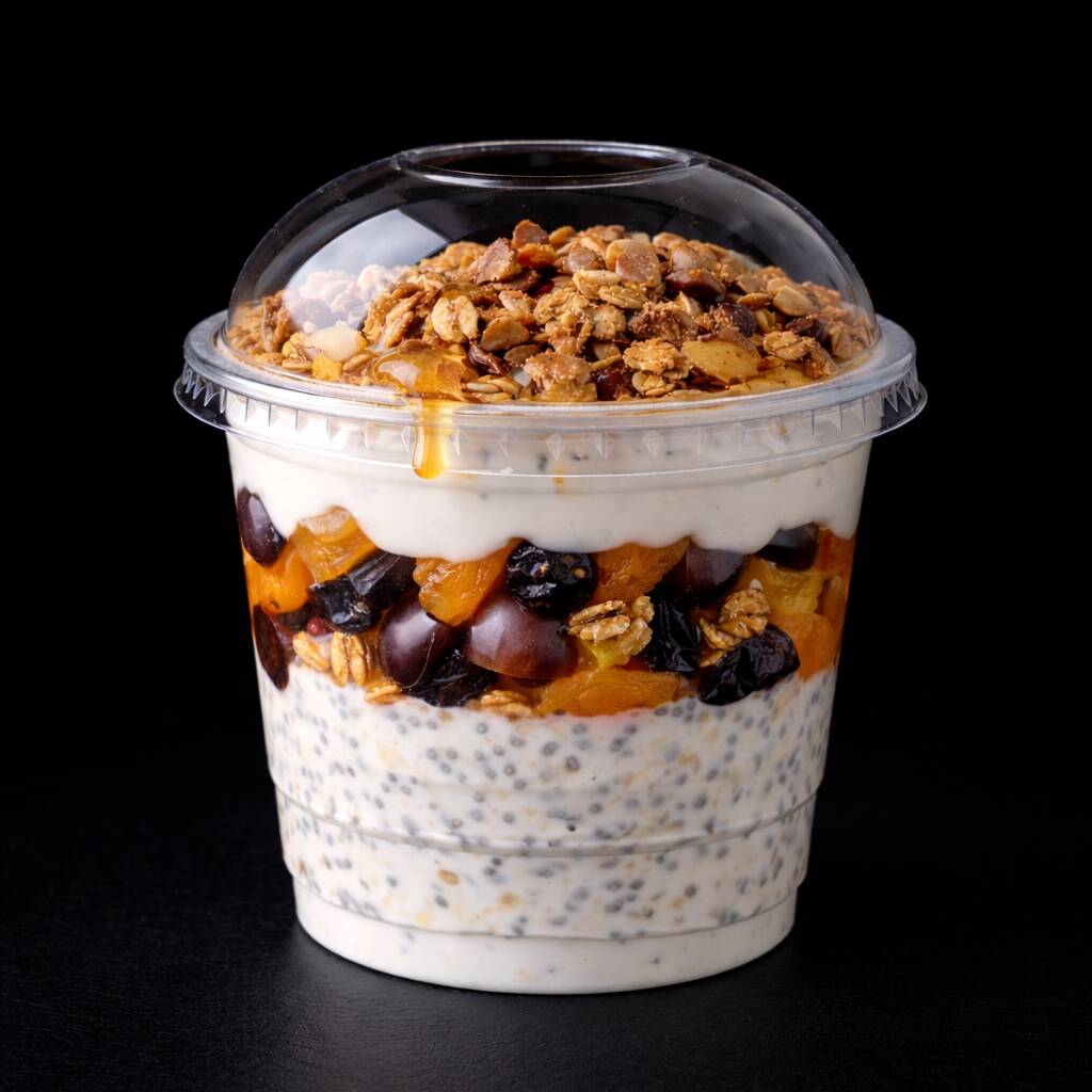 Aveia e chia hidratada no iogurte artesanal, com frutas picadas, mel e granola.