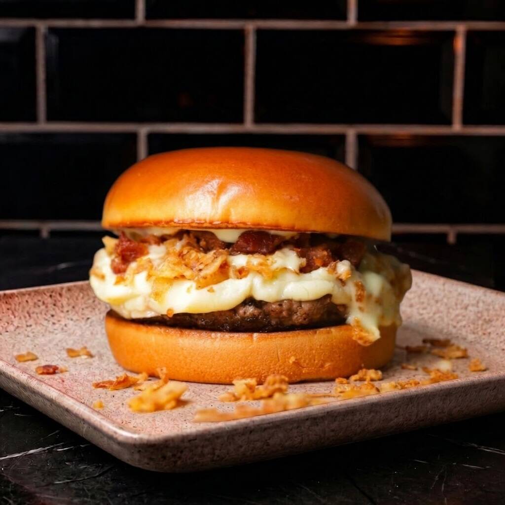Pão de brioche, burger de 120g, catupiry original, fatias de bacon e cebola crispy