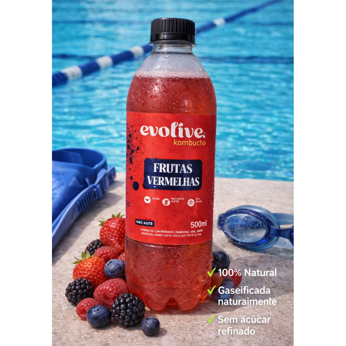 Kombucha Artesanal 500ml – Frutas Vermelhas. Bebida funcional naturalmente fermentada, rica em probióticos e com gaseificação natural. Refrescante, sabor intenso e levemente adocicado das frutas vermelhas. Alternativa saudável ao refrigerante tradicional, sem conservantes artificiais. Ideal para consumo individual. Peça mais de um sabor e aproveite