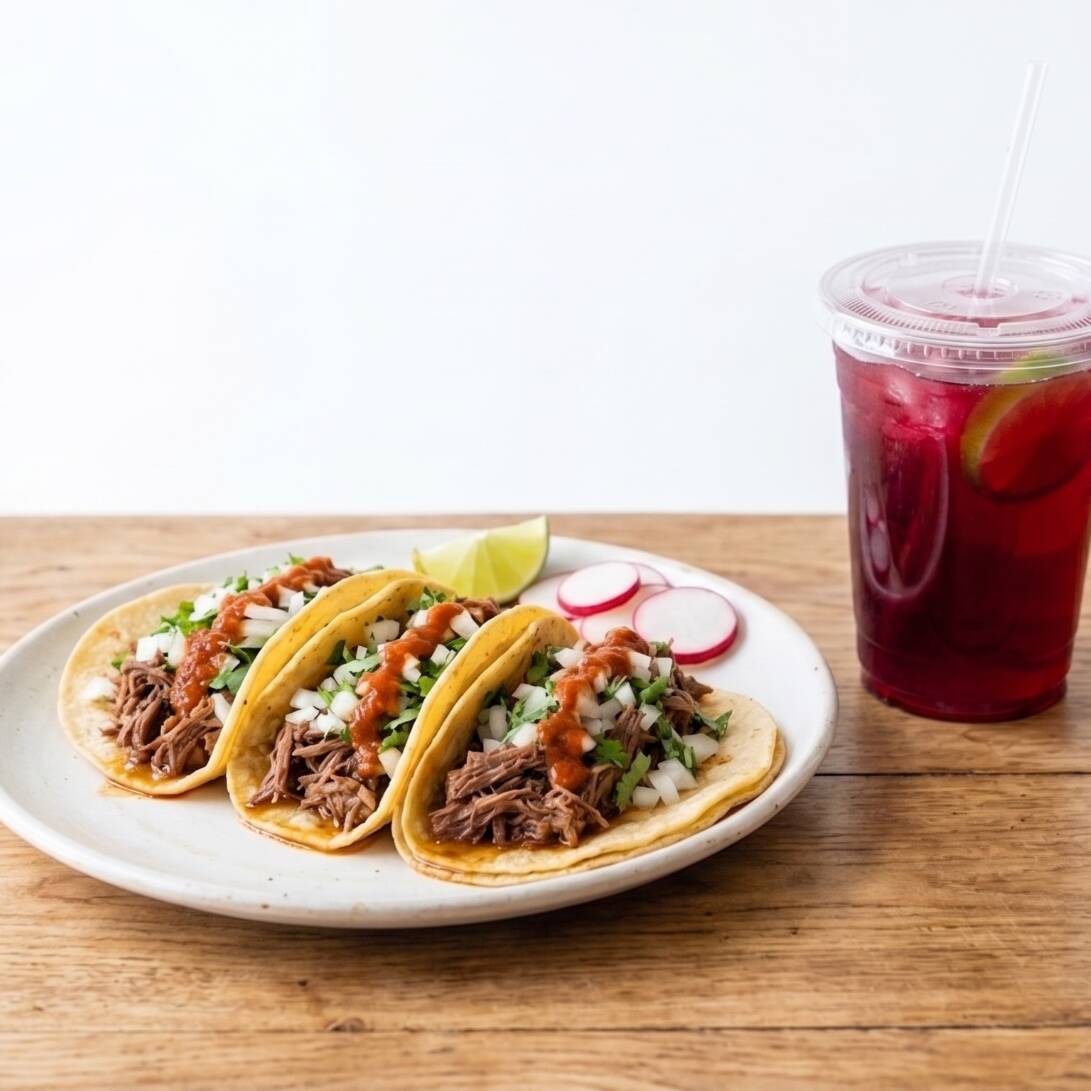 3 TACOS DE BIRRIA + BEBIDA GRATIS