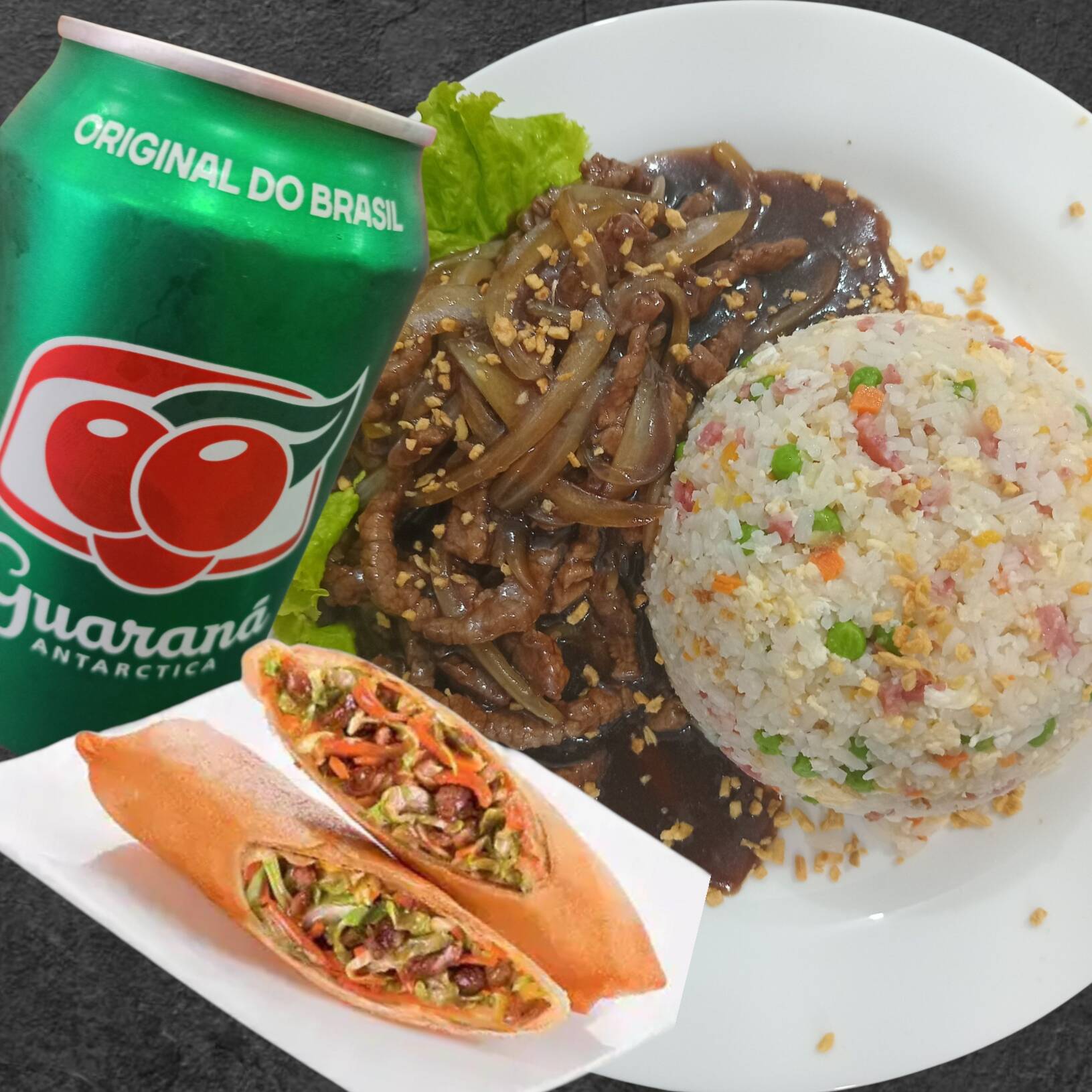 Arroz, chop suey, Refrigerante, pequeno, rolinho primavera