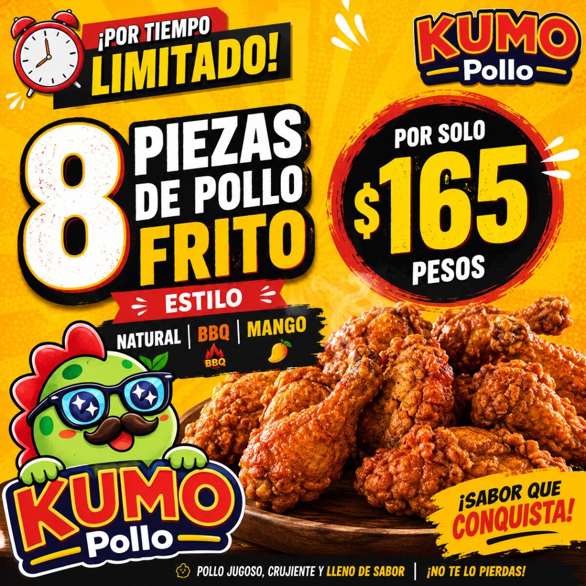 8 Piezas de Pollo Frito (natural, BBQ o Mango)