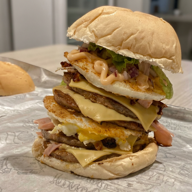 4 Carnes de hambúrguer, 2 ovos, 4 queijos, 4 presunto, bacon, calabresa, polenguinho, picles, molho e salada