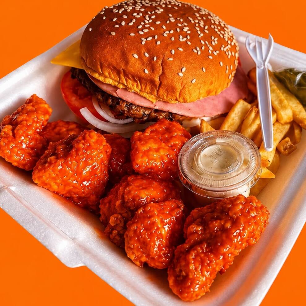 Hamburguesa, Boneless, Papas y Refresco