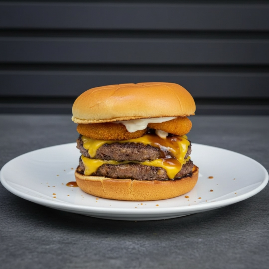 Uma explosão de sabor para quem busca um lanche marcante e cheio de personalidade. Preparado no pão brioche macio, com 2 hambúrgueres suculentos de 130g, maionese da casa, molho barbecue, cebola empanada crocante e bacon em fatias, este lanche combina cremosidade, crocância e muito sabor em cada mordida.