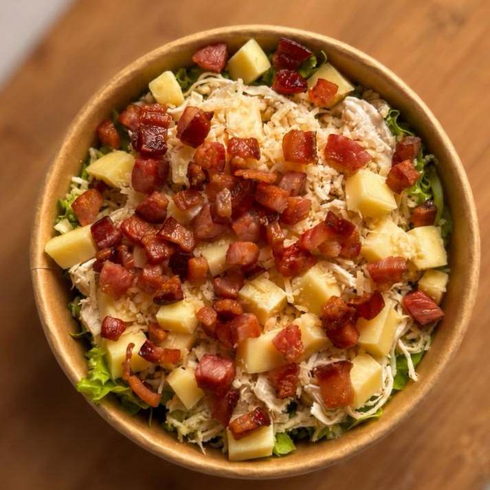 Mix de alfaces frescas (crespa e mimosa), frango desfiado, cubos de muçarela, bacon crocante, toque de parmesão ralado e croutons crocantes. Acompanha molho especial da casa, enviado à parte para você finalizar do seu jeito. A clássica da casa com uma camada extra de sabor.