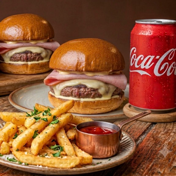 2 burguers com pão bola, carne 150g, queijo e presunto de peru, 2 porções de batata, 2 coca lata