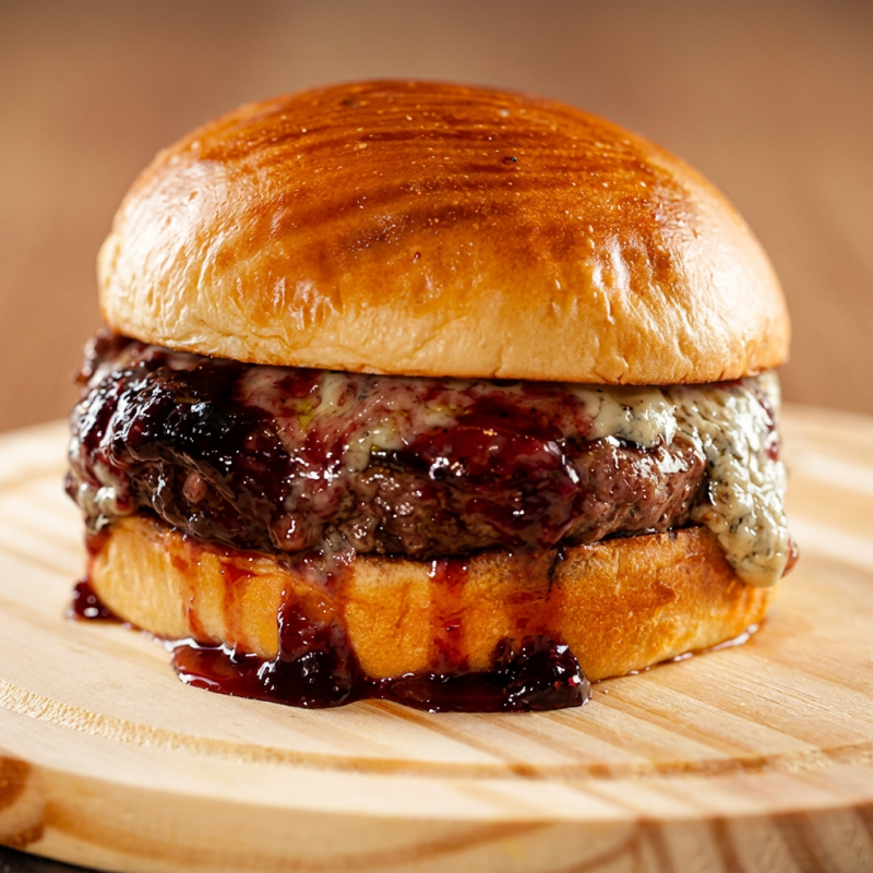 Pão brioche, rúcula, burguer 180g gorgonzola e geleia de frutas vermelhas