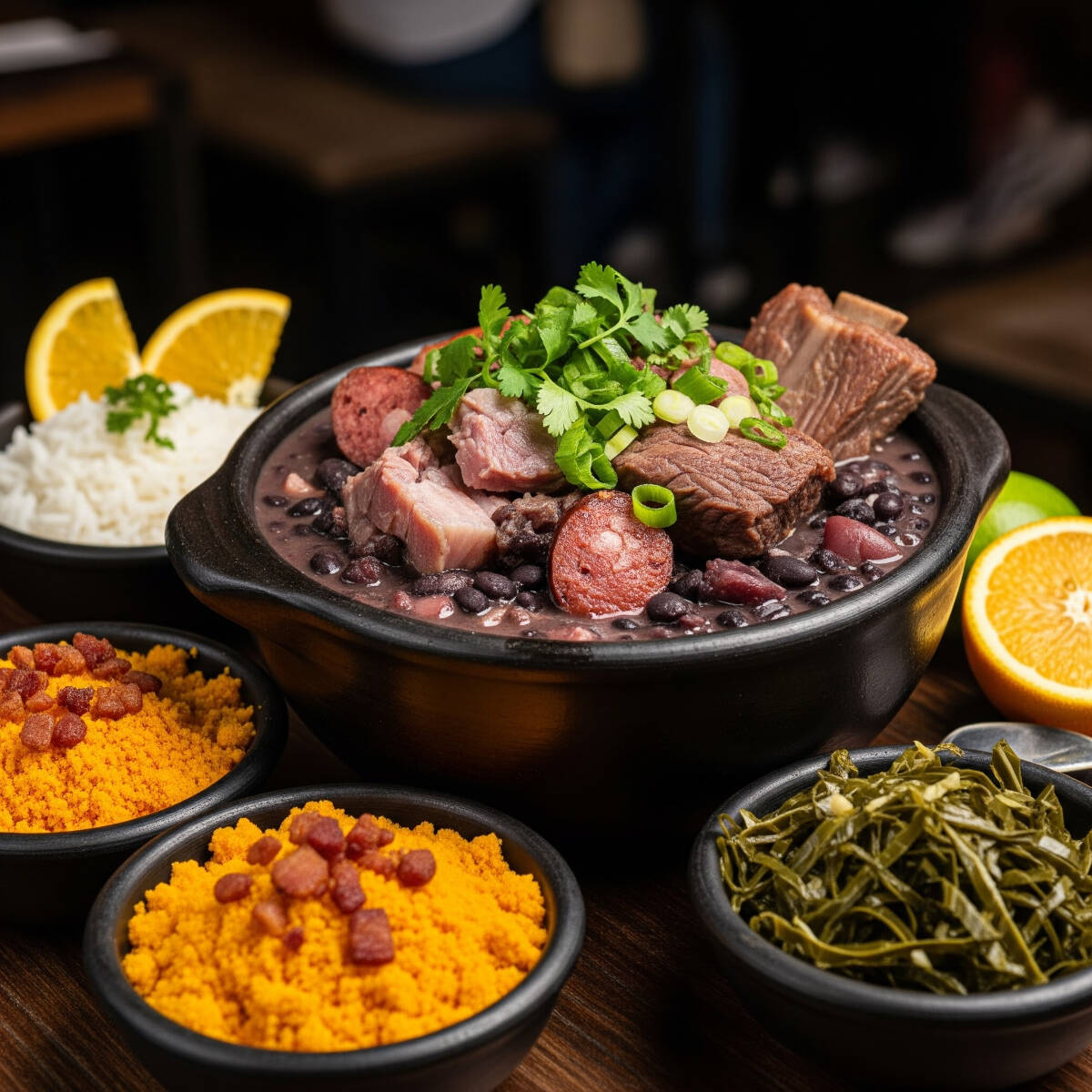 Um combo especial para a família com feijoada completa, arroz, farofa, couve, vinagrete,torresmo
