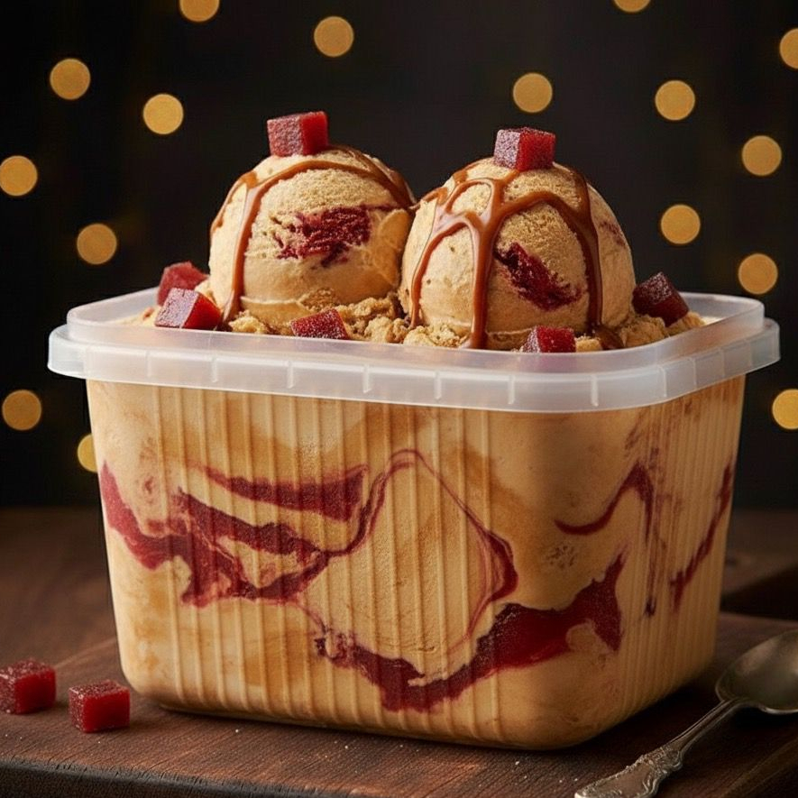 Cremoso sorvete artesanal de doce de leite com creme de goiabada. Uma combinação perfeita entre o sabor marcante do doce de leite e o toque frutado da goiabada. (Imagem meramente ilustrativa)