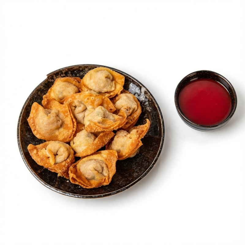 Pastéis orientais recheados com carne de porco. Acompanha molho agre doce.