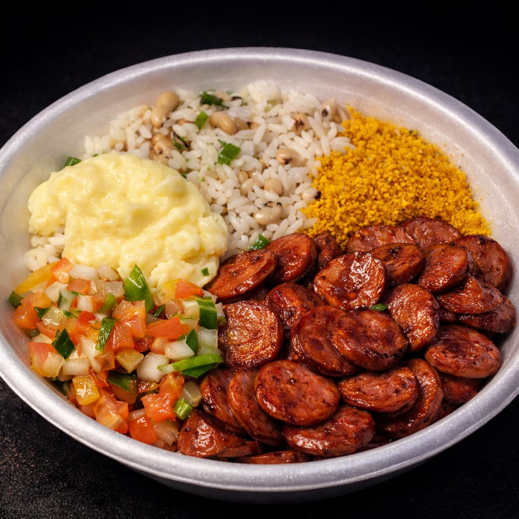 porção de calabresa ,baião,pure de batata ,farofa