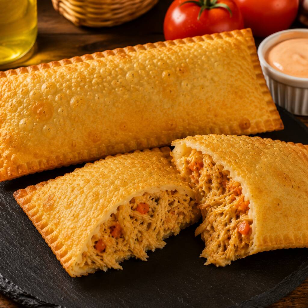 Frango desfiado, bem temperadinho e suculento, preparado com aquele sabor caseiro que dá vontade de pedir mais. Tudo isso envolvido em uma massa crocante e douradinha, feita para deixar cada mordida irresistível. 🤤