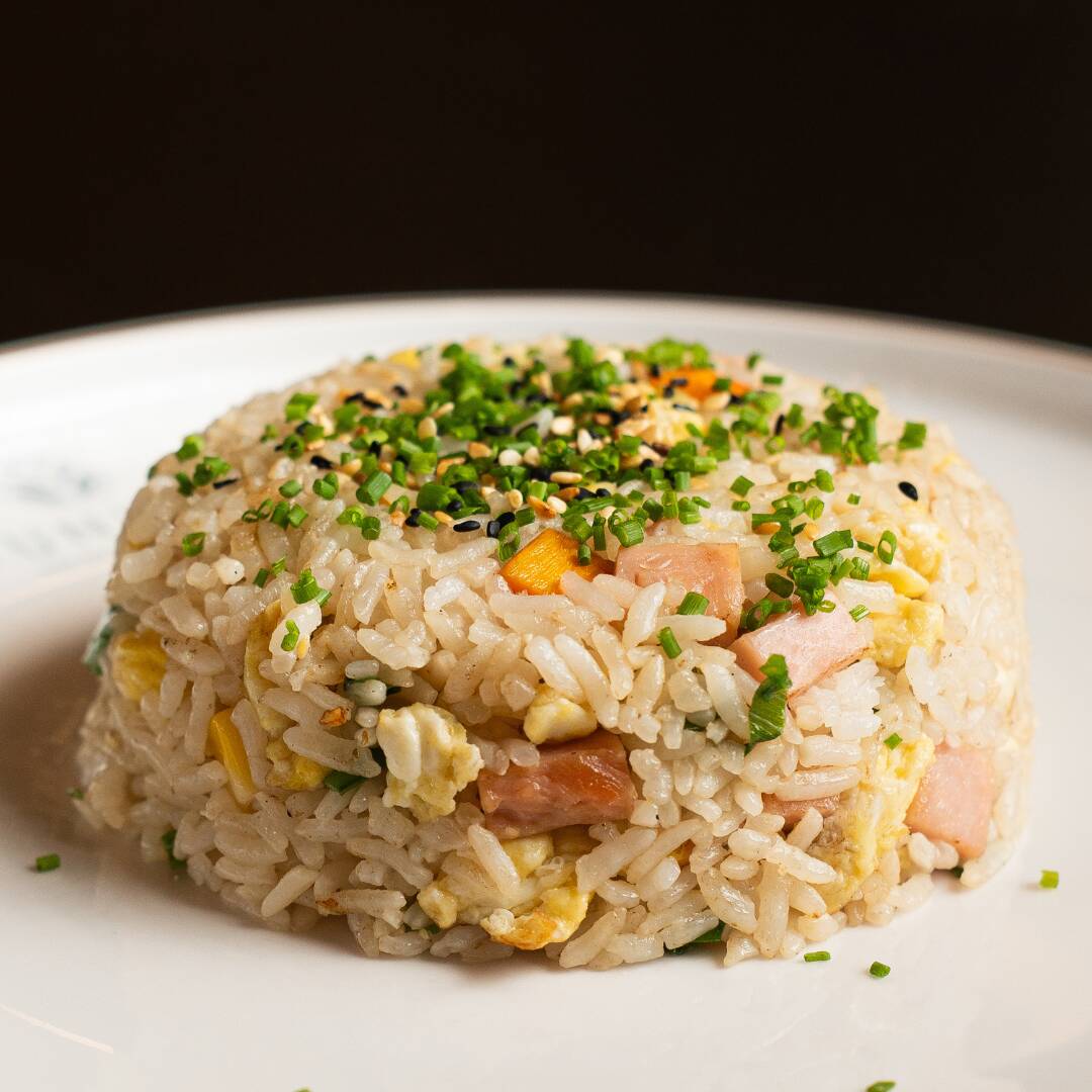 Arroz frito no wok com ovos, milho, cenoura, pepino, peito de peru e cebolinha