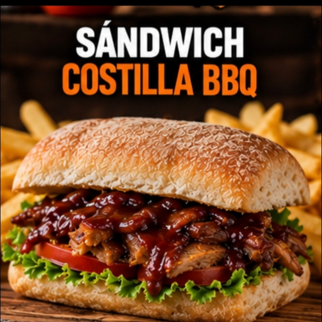 Sándwich costilla bbq+papás+refresco