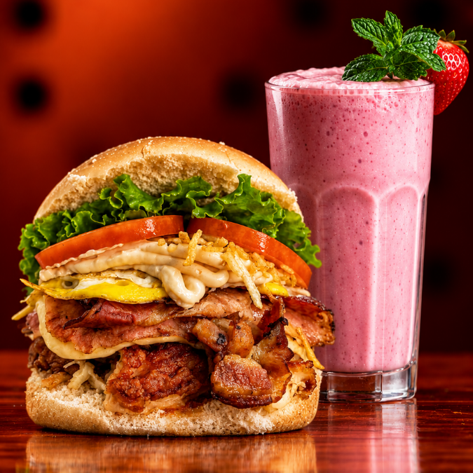 X-Tudo Burguer (pão com hambúrguer 100g, queijo, presunto, bacon, ovos, tomate, alface, milho e batata palha), acompanhado de creme de morango 300ml. Uma combinação reforçada no lanche e doce na medida certa para completar o pedido.