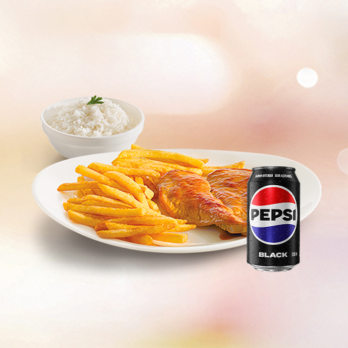 Delicioso Filé de frango grelhado ou a milanesa com  arroz branco e fritas + Refrigerante lata.