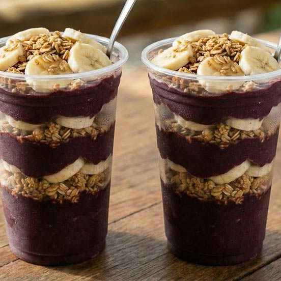 02 Copos de 500ml com açaí bem cremoso, montado em camadas com banana fresca fatiada e granola crocante. Uma combinação leve, saborosa e equilibrada, perfeita para quem quer energia, frescor e aquele toque crocante irresistível