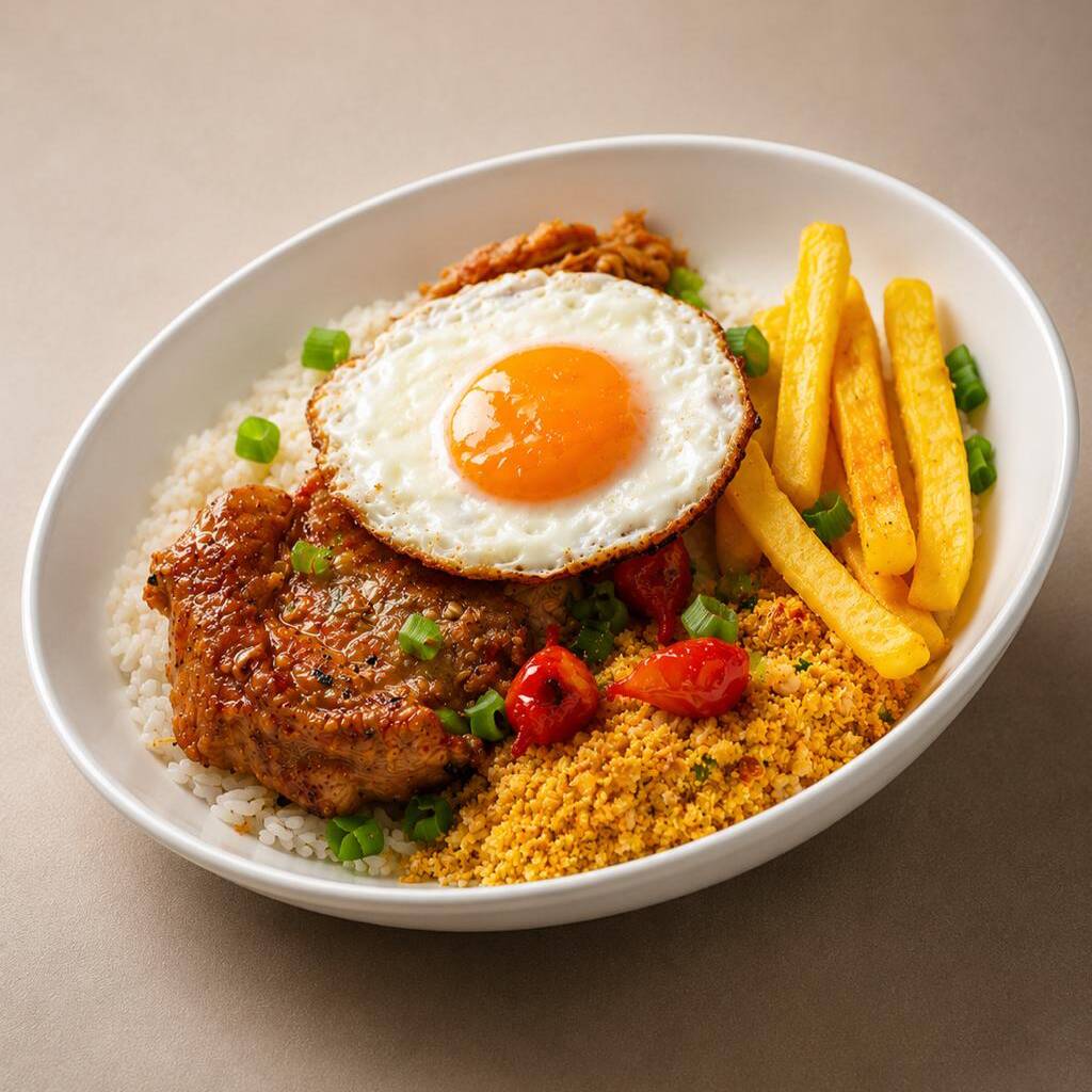 Contrafilé com ovo frito, servido com arroz, feijão e farofa. Escolha entre batata frita ou macarrão alho e óleo para um prato completo. Porção individual.