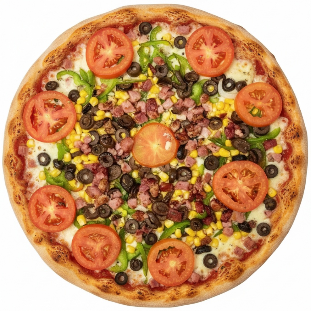 Mussarela, presunto, calabresa, tomate, pimentão, cebola, bacon, azeitona preta e milho