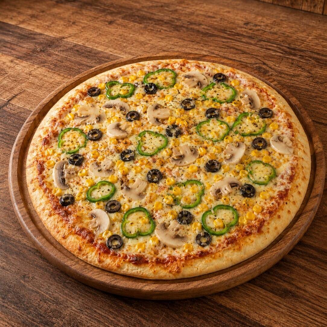 Pizza Média Vegetariana 30cm ( 8 fatias ) preparada com molho de tomate, queijo muçarela, pimentão, milho, azeitonas, cogumelos e orégano sobre massa artesanal.
-----tags-----
esfiha, muhammara, comida árabe, culinária síria, artesanal, gourmet, delivery, almoço, jantar, lanche, assado, forno, especialidade da casa, ingredientes frescos, sabor oriental