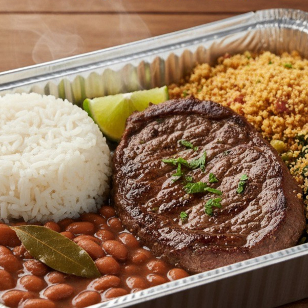 ATENÇÃO Monte sua marmita escolhendo sua proteína: omelete com queijo, ovo frito, filé de frango ou bife de vaca. Acompanha arroz, feijão e farofa da casa.