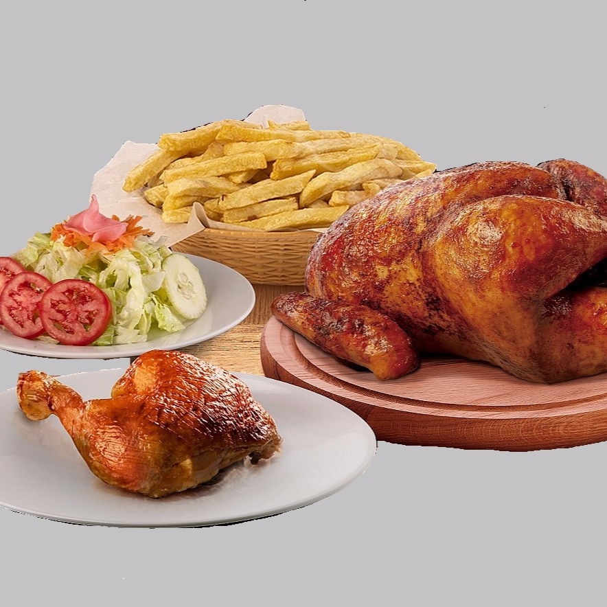 1 Pollo + Papas fritas + Ensalada + 1/4 Pollo
