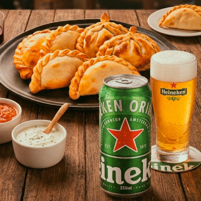 - 6 Empanadas do menu à sua escolha
- 1 Cerveja Heineken 350ml
