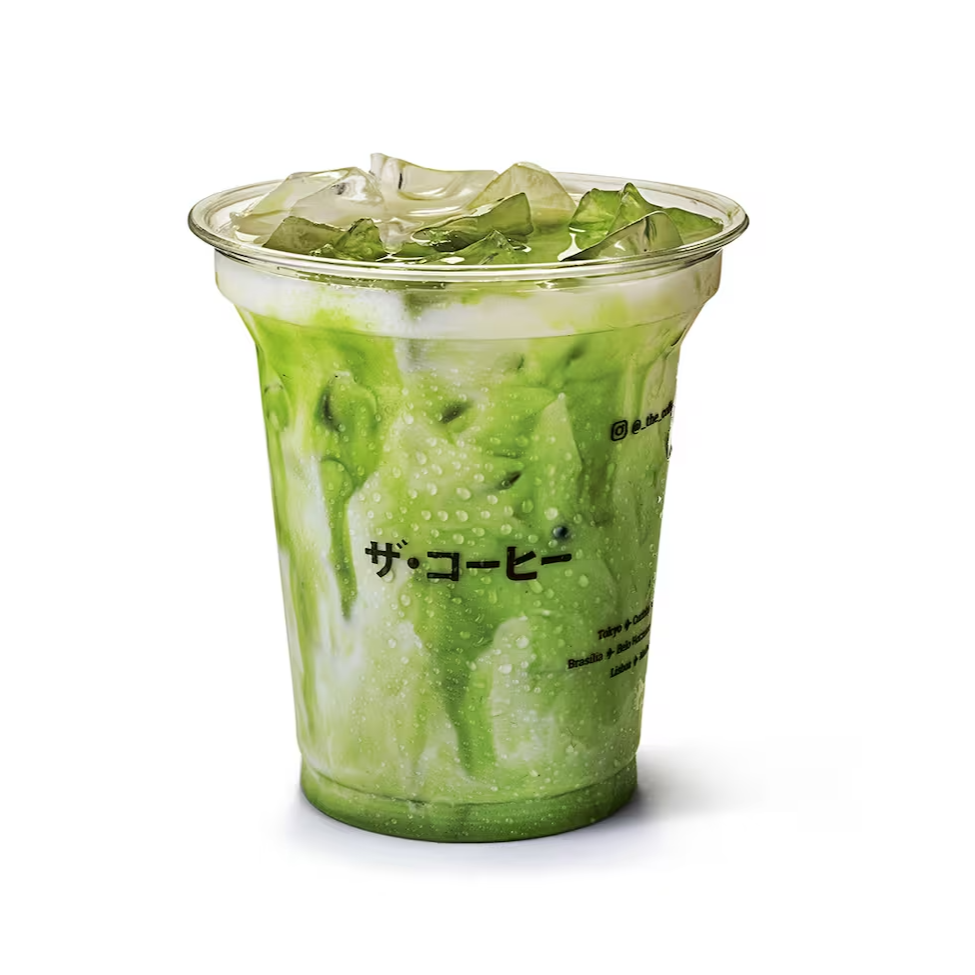 Matcha, leite e um toque de menta. Gelado e hipnotizante. (Sem café, com leite) (330ml)