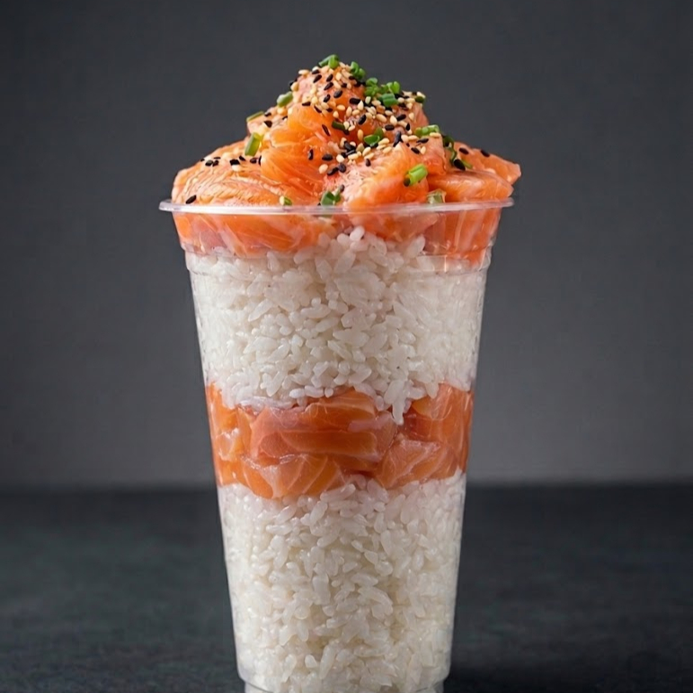 Nosso delicioso Temaki no copo, não tem como não se apaixonar por essa explosão de sabor, feito com camadas de arroz shari e camadas de salmão cru e cebolinha, pesando total aproximadamente 400gramas.