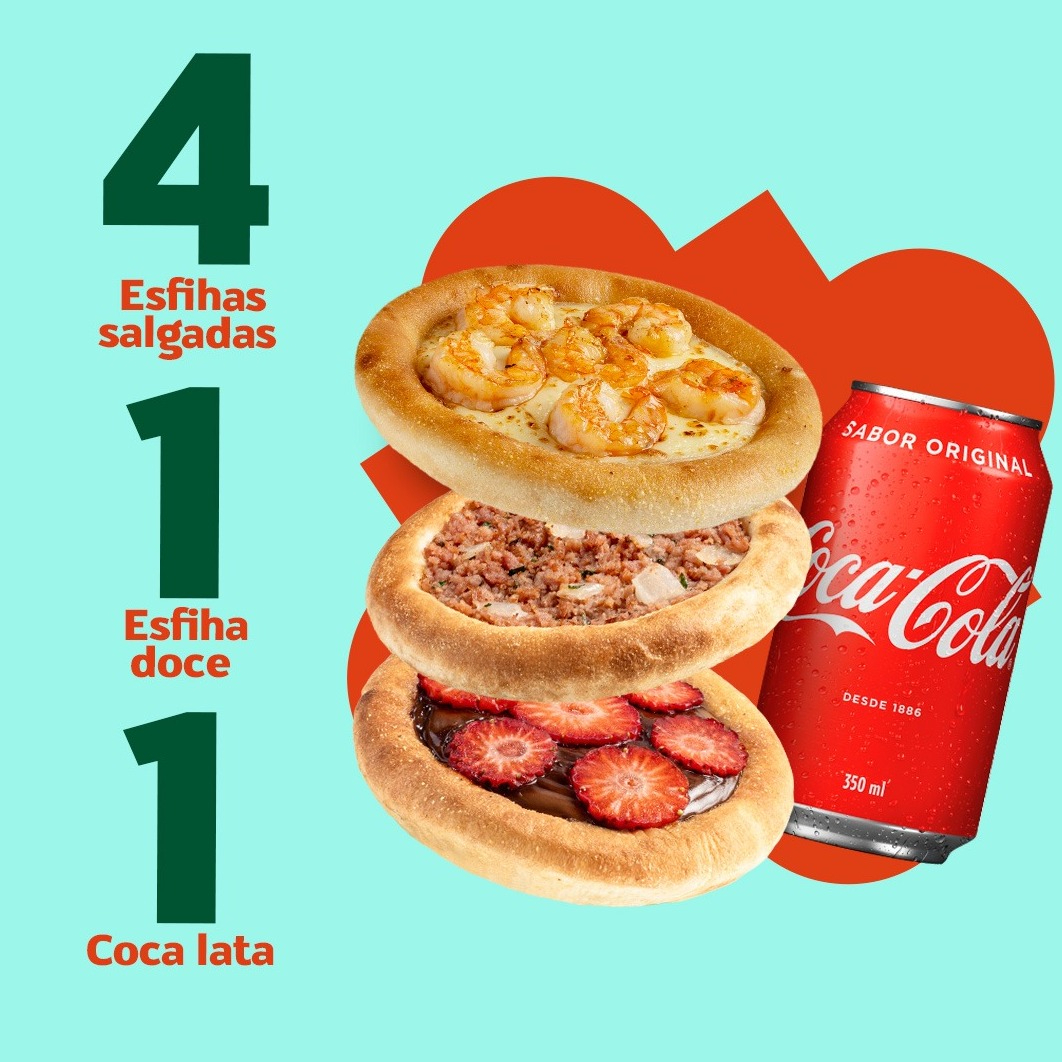 Mini Combo Perfeito: 4 esfihas salgadas, 1 doce e 1 Coca-Cola lata: a refeição ideal para matar a fome e saciar seu desejo por sabor. O combo perfeito para qualquer hora do dia!
