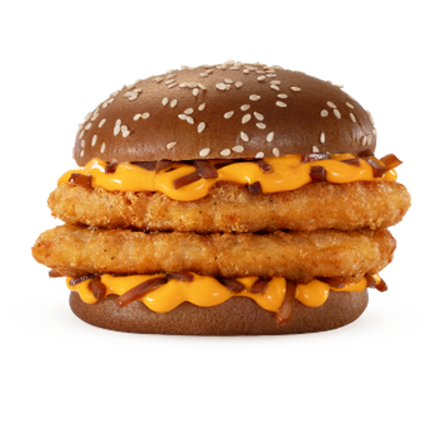 Dois empanados com frango, molho lácteo com queijo tipo cheddar, cebola ao molho shoyu e pão escuro com gergelim.