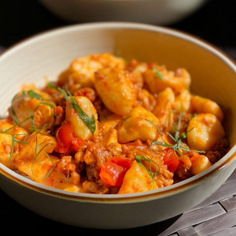 Nhoque de batata feito na casa, servido com molho bolonhesa de patinho. Finalizado com parmesão ralado e folhas frescas de manjericão. Um clássico, com toque especial da Bela Casa. Aprox. 300g