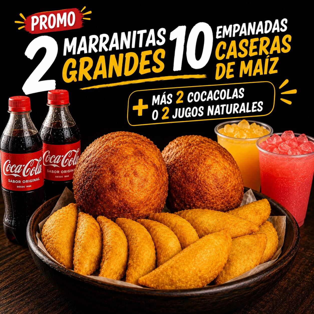 10 Empanadas 2 Marranitas + 2 Jugos o 2 Coca Lola