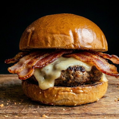 Pão de brioche, Hambúrguer 150g , mussarela , bacon e maionese