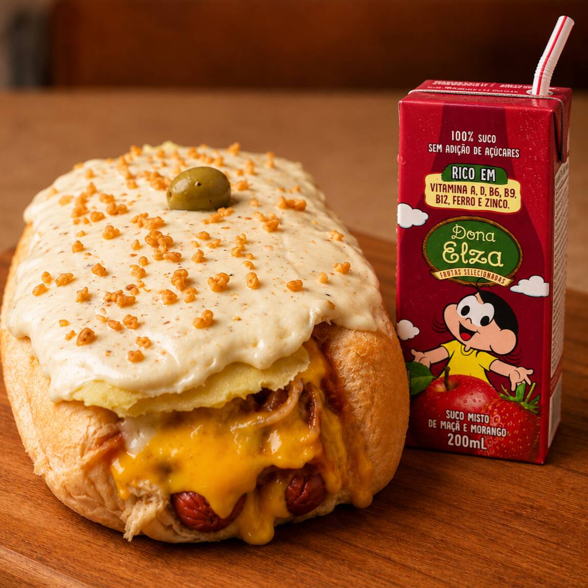 Pao 50 gramas, 1 Salsicha, Ketchup, milho e purê de batatas.