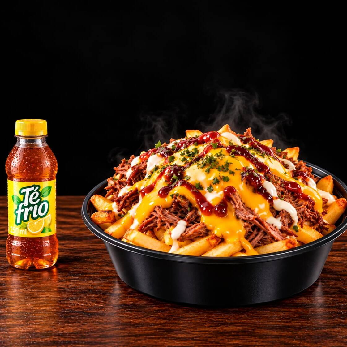 Entero Papas, Carne Desmechada, Cheddar y Bebida