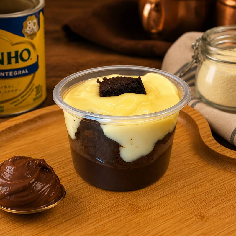 Brownie quentinho com brigadeiro de Ninho e chocolate 70%. Cremoso e irresistível. (Porção é individual e vai aquecido)