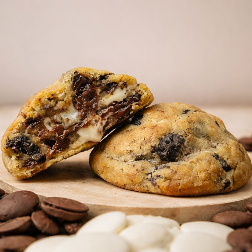Cookies & Cream — Um clássico em versão artesanal e irresistível! Feito com massa amanteigada e pedacinhos de biscoito Oreo, é recheado de sabor com chocolates branco e ao leite, que derretem a cada mordida. Crocante por fora e macio por dentro, é o equilíbrio perfeito entre doçura e textura — impossível comer um só!