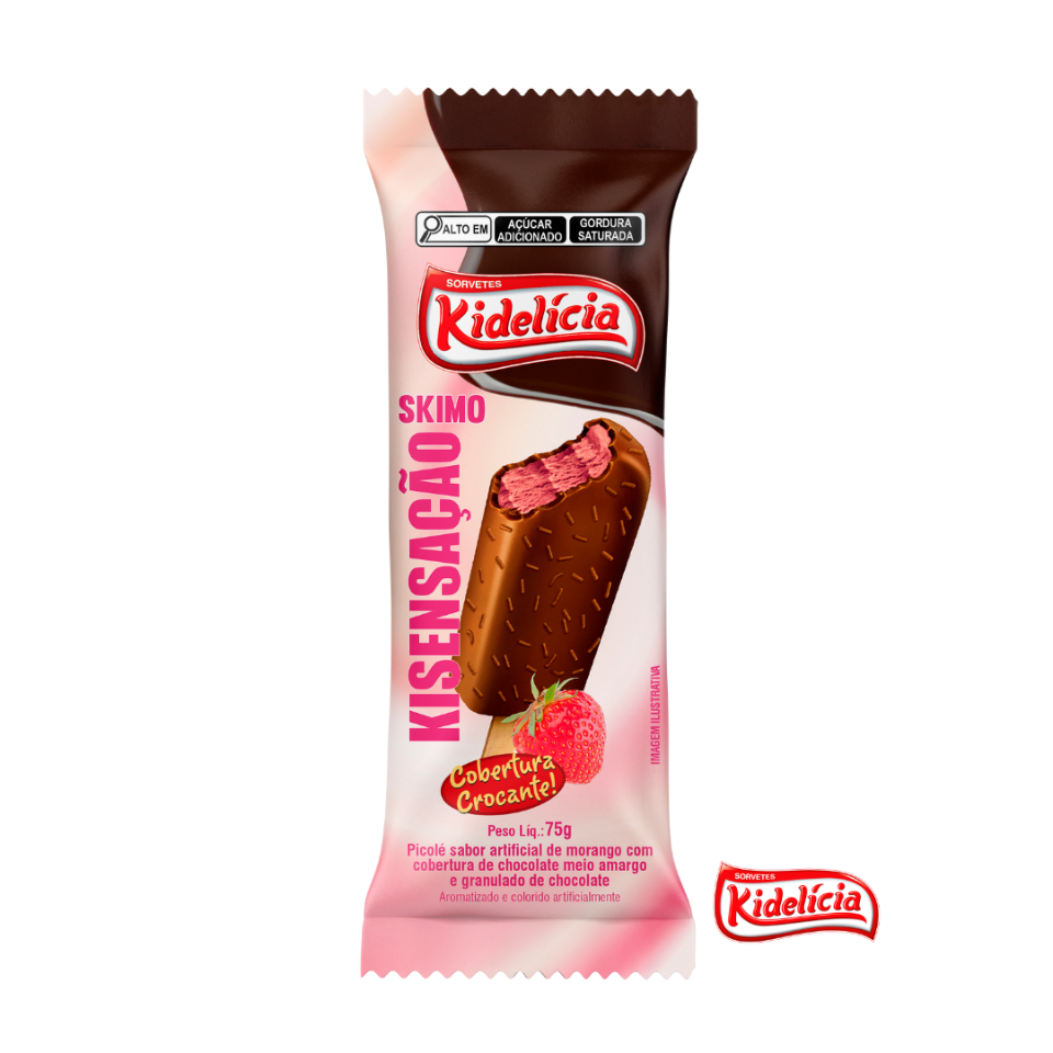 Picolé sabor morango com cobertura de chocolate meio amargo e granulado.