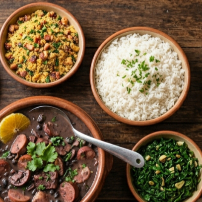 Delicioso combo de feijoada tudo separado, acompanhada de arroz soltinho, couve refogada, farofa crocante e saladas..