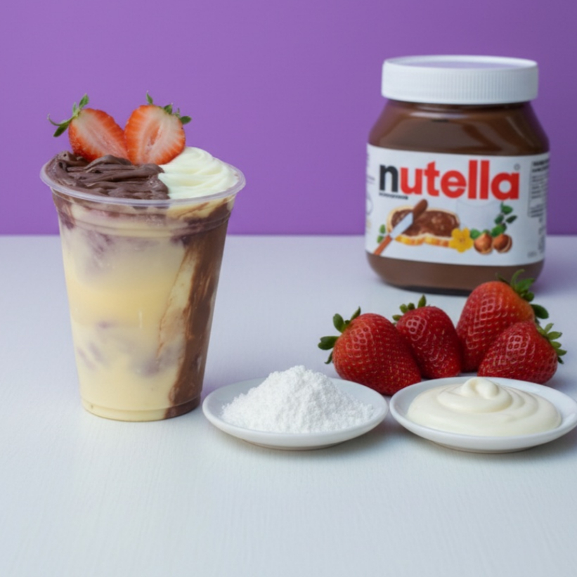 Açaí, Creme de Ninho, Nutella, Leite Condensado e leite em pó. Podendo escolher a fruta que deseja.